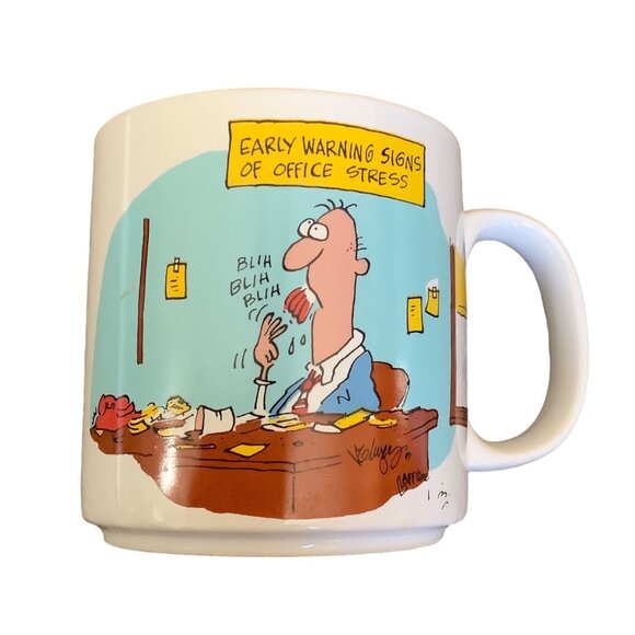GANZ Other - Vtg Mugs By Ganz Cartoon Office Early Warning Signs Of Stress Ceramic Coffee Cup